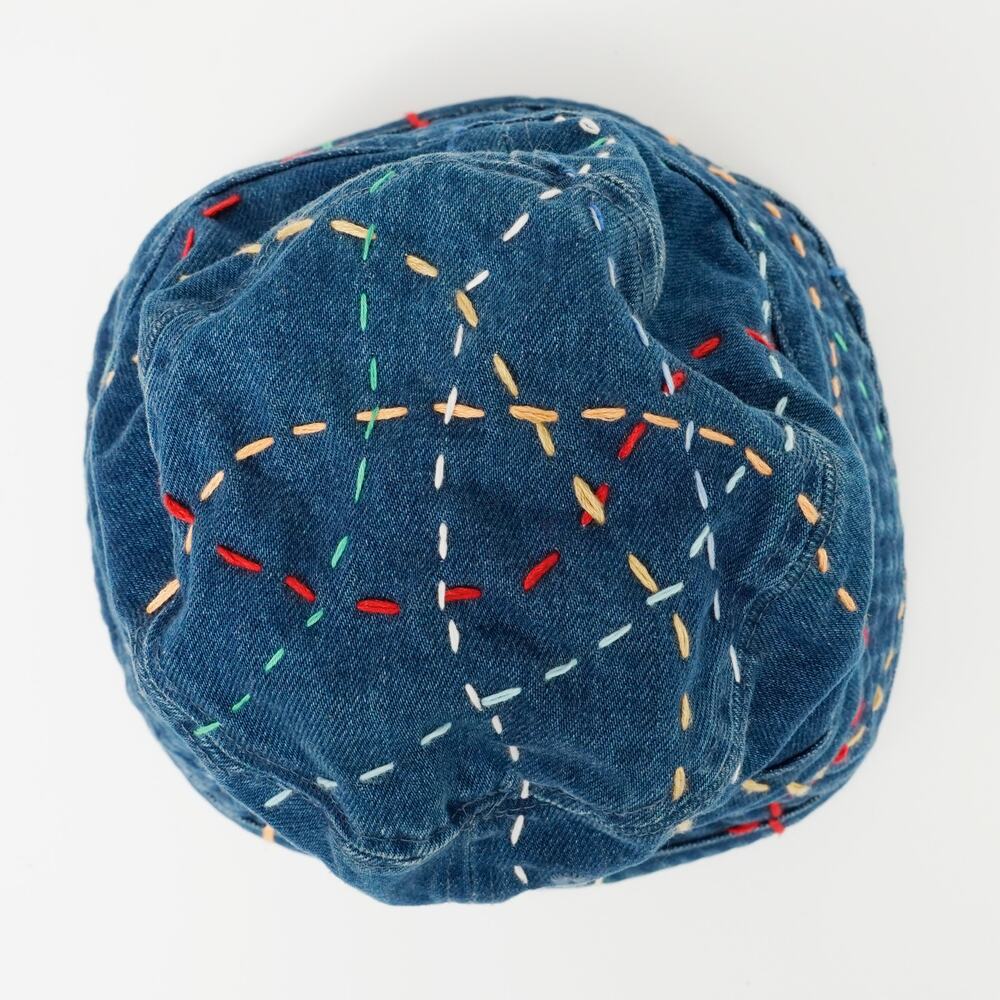Hand-Stitched Sashiko Colorful Denim Bucket Hat Size S – Unique Artisan Hat - Picture 5 of 7